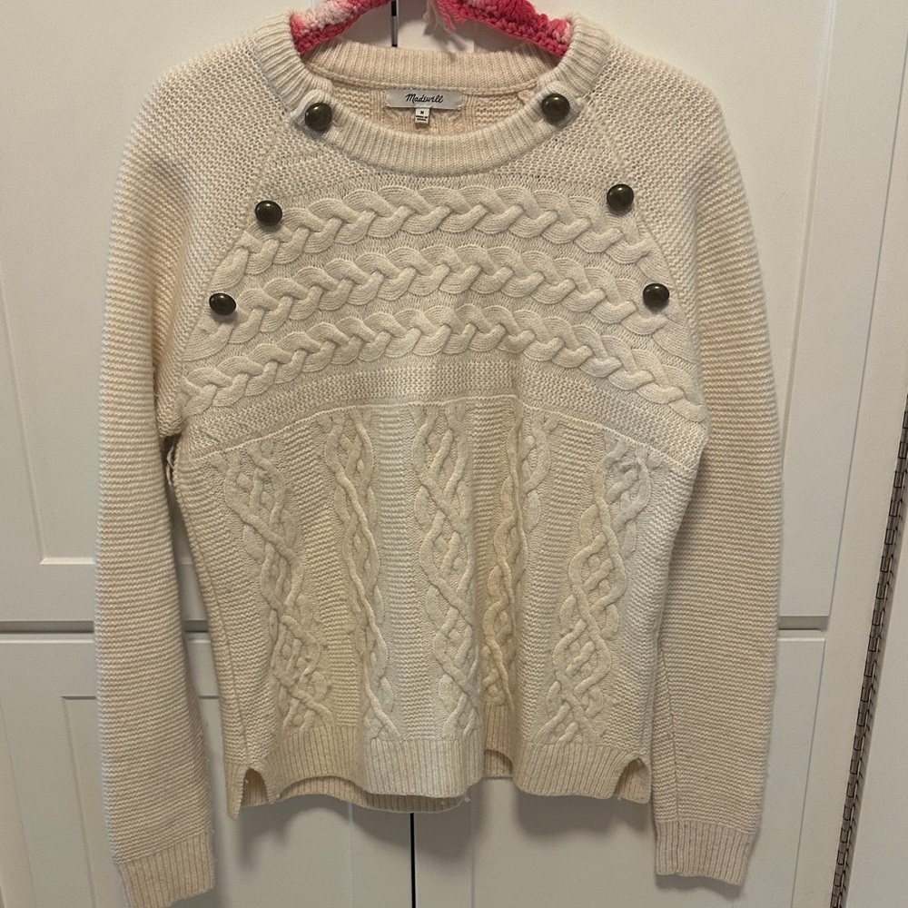 Madewell Ivory Wool Cable Knit Sweater with Button Accents